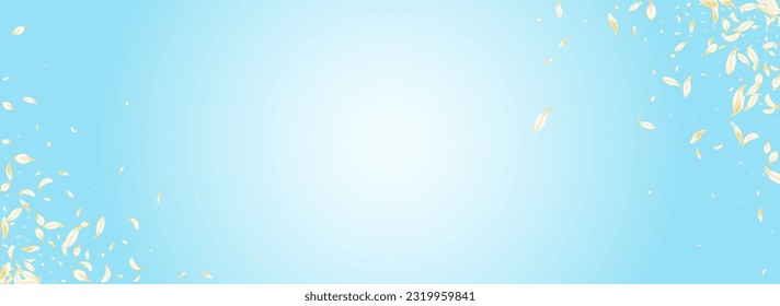 Gold Petal Falling Vector Panoramic Blue Background. Delicate Summer Lotus Template. White Peach Tender Frame. Yellow Sakura Spring Texture. Fall Cherry Wallpaper.