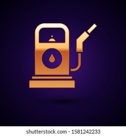 Gold Petrol or Gas station icon isolated on dark blue background. Car fuel symbol. Gasoline pump.  Vector Illustration