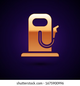 Gold Petrol or gas station icon isolated on black background. Car fuel symbol. Gasoline pump.  Vector Illustration