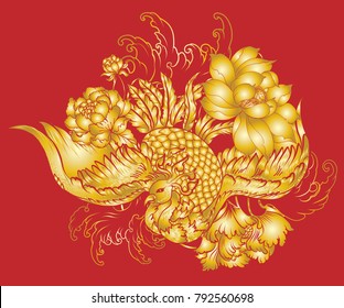 Gold Phoenix fire bird with Peony flower and rose on cloud and wave background.Hand drawn Japanese tattoo style.Gold Beautiful phoenix and flower.peacock tattoo Chinese style.