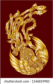 Gold Phoenix fire bird vector and illustration design for tattoo.Chinese Peacock in circle Silhouette and isolate on red background.Gold phoenix bird vector.