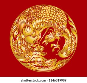 Gold Phoenix fire bird vector and illustration design for tattoo.Chinese Peacock in circle Silhouette and isolate on red background.Gold phoenix bird vector.