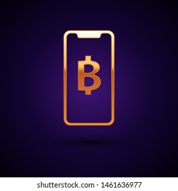 Gold Phone mobile and cryptocurrency coin Bitcoin icon isolated on dark blue background. Physical bit coin. Blockchain based secure crypto currency.  Vector Illustration