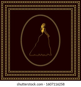 Gold photo frame. Gold chains on a maroon background and the silhouette of a girl.  For registration, congratulations, invitations.