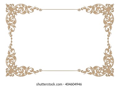 Gold photo frame with corner line floral for picture, Vector design decoration pattern style.frame floral border template,wood frame design is patterned Thai style.frame gold metal beautiful corner.