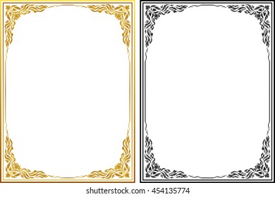 Gold photo frame with corner line floral for picture, Vector design Thai style.frame gold metal beautiful corner.