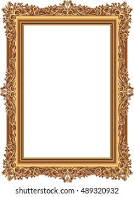 Gold photo frame with corner line floral for picture, Vector border design decoration pattern style. Thai art golden metal beautiful corner.