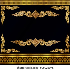 Gold photo frame with corner line floral for picture, Vector frame border design decoration pattern style. Thai art golden metal beautiful corner.