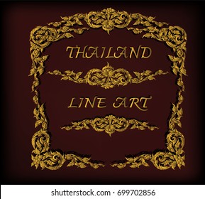 Gold photo frame with corner line floral for picture, Vector frame border design decoration pattern style. Thai art golden metal beautiful corner.