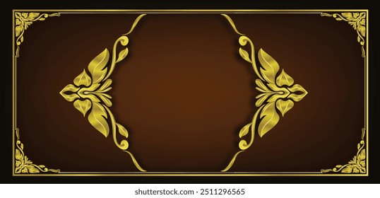 Gold photo frame with corner Thailand line floral for picture, Vector design decoration