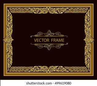 Gold photo frame with corner thailand line floral for picture, Vector design decoration pattern style.frame border design is pattern Thai style