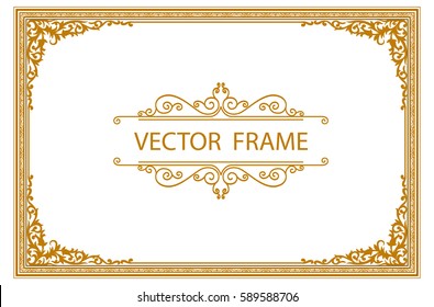 Gold photo frame with corner thailand line floral for picture, Vector design decoration pattern style.