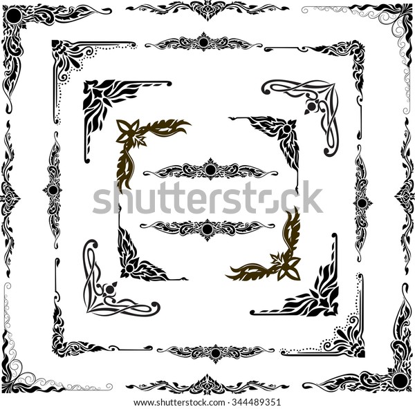 Gold photo frame with corner thailand line\
floral for picture, Vector design decoration pattern style. wood\
border design is patterned Thai\
style