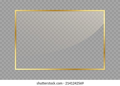 Gold photo frame with glass effect on transparent background. Vector Illustration. PNG

