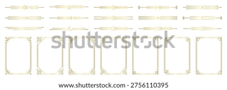 Gold photo frame and text dividers set. Deco , glowing geometric boarder and vintage separators for wedding invitations. Decorative elements with golden line ornament.