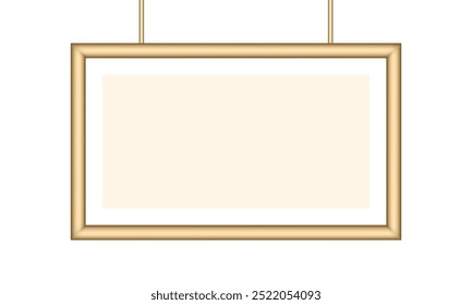 Gold photo frame. White passe-partout. Rectangular picture. Poster or painting template on a transparent background. Hanging board	