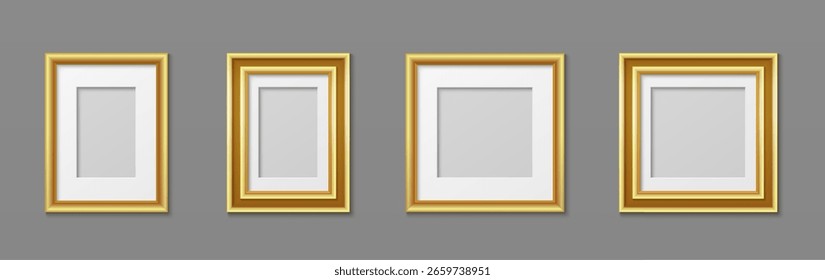 Goldene Fotorahmen Kollektion auf grauer Wand - elegante goldene rechteckige Ränder für Kunstwerk-Display. Klassische Galeriepräsentation in verschiedenen Größen mit luxuriösem Metallic-Finish für die Innenausstattung