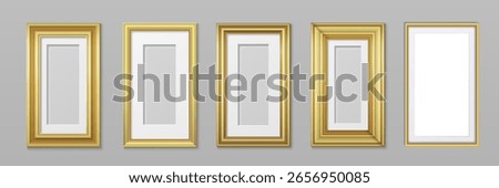 Gold photo frames collection on gray wall - elegant golden rectangular borders for artwork display. Classic gallery presentation in various sizes with luxurious metallic finish for interior decoration