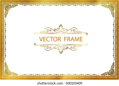 Gold photo frames with corner thailand line floral for picture, Vector frame design decoration pattern style. wood frame border design is patterned Thai style
