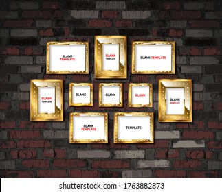 Gold photo frames on a brick wall background. Vector illustration