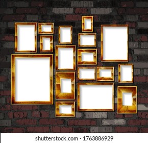 Gold photo frames on a brick wall background. Vector illustration