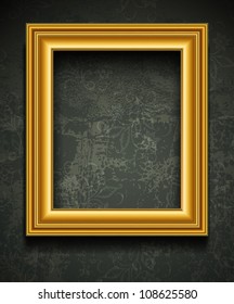 Gold Photo Or Picture Frame Vector. Ornate Painting Vintage Border On Wall Background