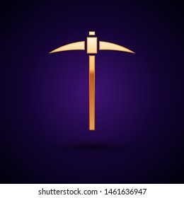 Gold Pickaxe icon isolated on dark blue background. Blockchain technology, cryptocurrency mining, bitcoin, digital money market, cryptocoin wallet.  Vector Illustration