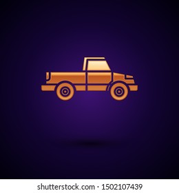 Gold Pickup truck icon isolated on dark blue background.  Vector Illustration