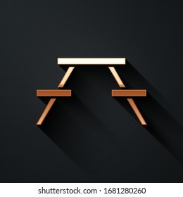 Gold Picnic table with benches on either side of the table icon isolated on black background. Long shadow style. Vector Illustration