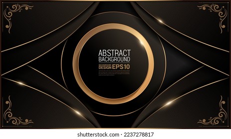 gold picture frame and circle graphic, curve line on black luxury background,  vintage floral pattern frame, classic abstract image , overlap layer shadow gradients, for banner, template design