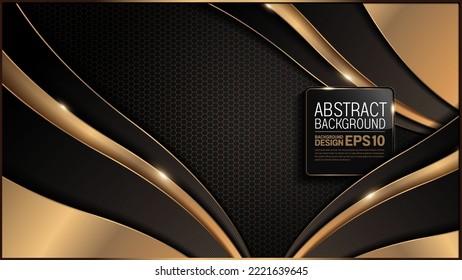 gold picture frame, curve line on black hexagon honeycomb shape luxury background, image abstract, overlap layer shadow gradients space composition, for banner, template design