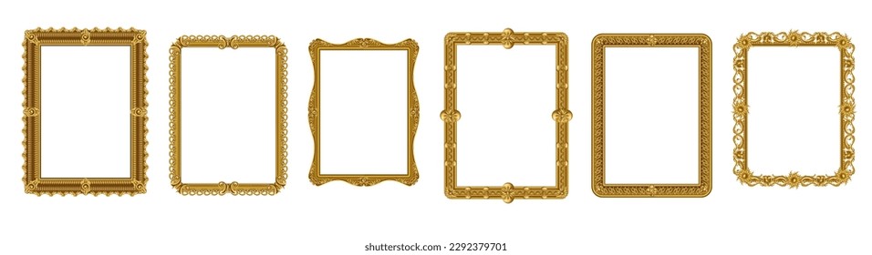 Gold picture frame. Realistic border for images. Old golden ornament for photo, luxury royal wood decor for museum, square decorative vintage frameworks. 3d isolated vector exact elegant set