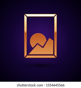 Gold Picture landscape icon isolated on dark blue background.  Vector Illustration