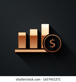 Gold Pie chart infographic and dollar symbol icon isolated on black background. Diagram chart sign. Long shadow style. Vector Illustration