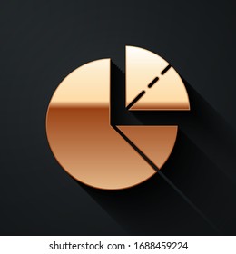 Gold Pie chart infographic icon isolated on black background. Diagram chart sign. Long shadow style. Vector Illustration