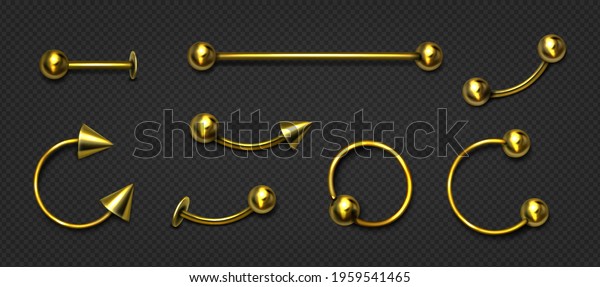 Gold\
piercing jewelry for face and body. Vector realistic set of golden\
earrings for pierce nose, ears, lips and eyebrows. Jewel\
accessories isolated on transparent\
background