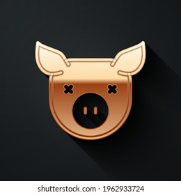 Gold Pig icon isolated on black background. Animal symbol. Long shadow style. Vector