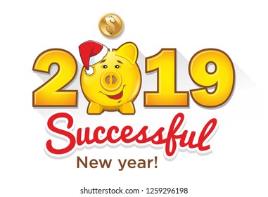 Gold piggy bank and gold coins in 2019 numbers - Illustration, vector