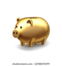 Gold piggy Bank. Golden realistic pig, saving money. Vector 3d