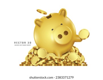 Un banco de cerditos de oro yace en un montón de monedas de oro. Para diseños relacionados con la captación de capital, el ahorro de dinero o cuestiones financieras de negocios, vector 3d aislado para diseño de finanzas