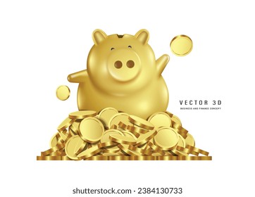 Ein goldenes Sparschwein liegt auf einem Haufen Goldmünzen. Übergabe von Goldmünzen oder -geld Für Designs im Zusammenhang mit Kapitalbeschaffung, Geldsparen oder Finanzangelegenheiten, Vektor 3d isoliert für Finanzdesign