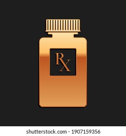 Gold Pill bottle with Rx sign and pills icon isolated on black background. Pharmacy design. Rx as a prescription symbol on drug medicine bottle. Long shadow style. Vector.