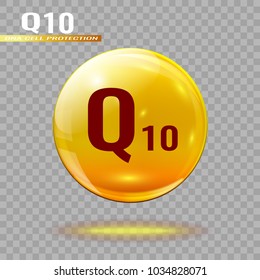 Gold pill capsule or gold drop with coenzyme Q10 on a transparent background. Medical or medical template.Gold shining pill capcule icon.
