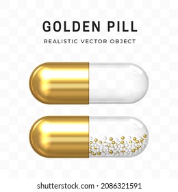 Gold pill. Capsule with a gold and transparent part with white and gold granules. Isolated pharmaceutical product. Drug design. Health care and medicine, health and beauty concept. Realistic 3D Vector