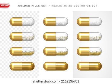 Gold Pills set. Capsule with a gold and transparent part with white and gold granules. Pharmaceutical product. Drug design. Health care and medicine, health and beauty concept. Realistic 3D Vector