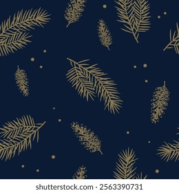 Gold pine branches and cones pattern on dark blue background. Seamless design for Christmas wallpaper, textile, and wrapping paper.	