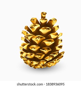 Gold pine cone. Gilded pine cone. Golden christmas decoration. Realistic 3d object isolated on white. Greeting card template design element. Pinecone vector icon, symbol, decor. Vector illustration