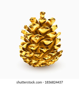 Gold pine cone. Golden christmas decoration. Realistic 3d object isolated on white. Greeting card template design element. Pinecone vector icon, symbol, decor. Vector graphics illustration