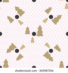 Gold pine tree vector seamless pattern with black dots. Christmas forest with decoration on pink and white mesh texture.