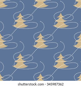 Gold pine tree vector seamless pattern. Christmas forest with decoration on blue background.